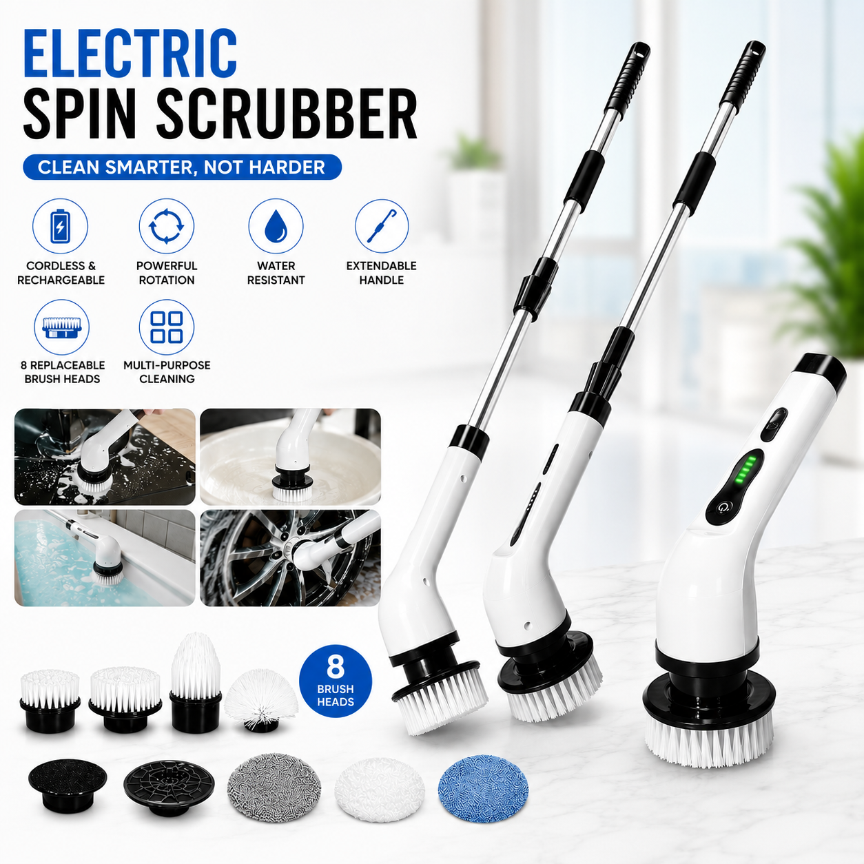 Cordless Electric Spin Scrubber with Extendable Handle & 8 Brush Heads